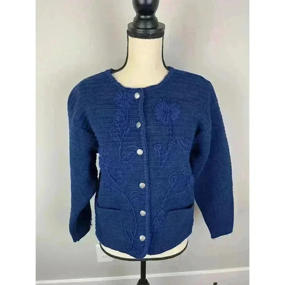 Vtg Tally-Ho Cardigan Jacket Embroidered Floral Navy Blue Knitted Women's M